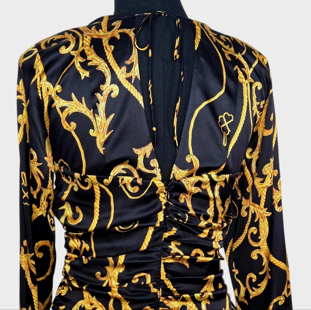 GANNI Baroque Print Silk Blend Ruched Midi Dress Black Gold EU 36 US 4 - Picture 9 of 15